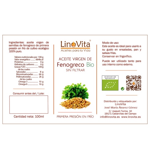Aceite de semillas de fenogreco ecologico sin filtrar refrigerado prensado en frio