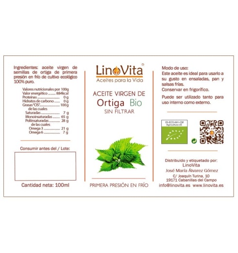 Aceite de ortiga ecologico sin filtrar refrigerado prensado en frio