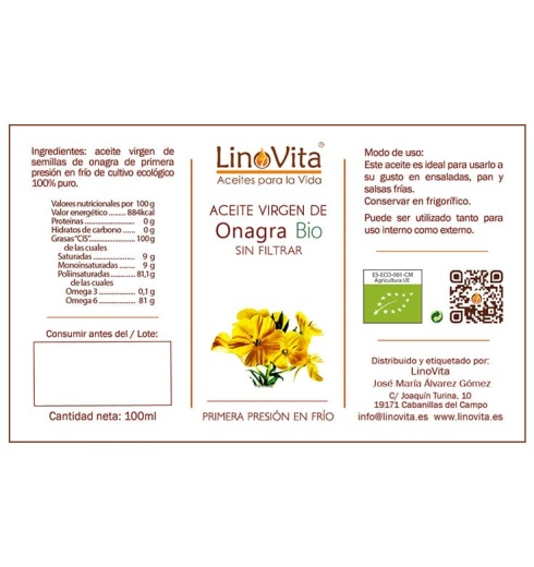 Aceite de onagra ecologico sin filtrar refrigerado prensado en frio