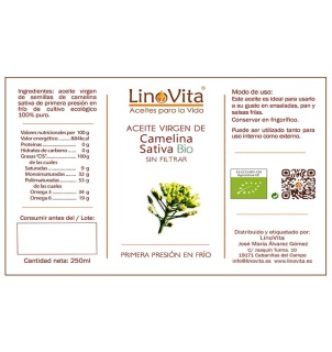 Aceite de camelina sativa ecologico sin filtrar refrigerado prensado en frio
