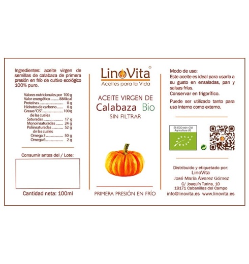 Aceite de calabaza ecologico sin filtrar refrigerado prensado en frio