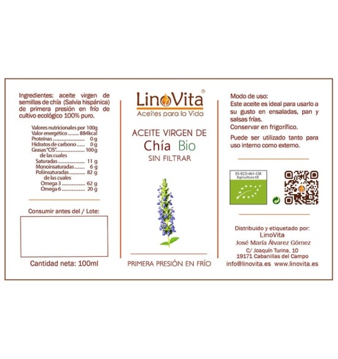 Aceite de chia ecologico sin filtrar refrigerado prensado en frio