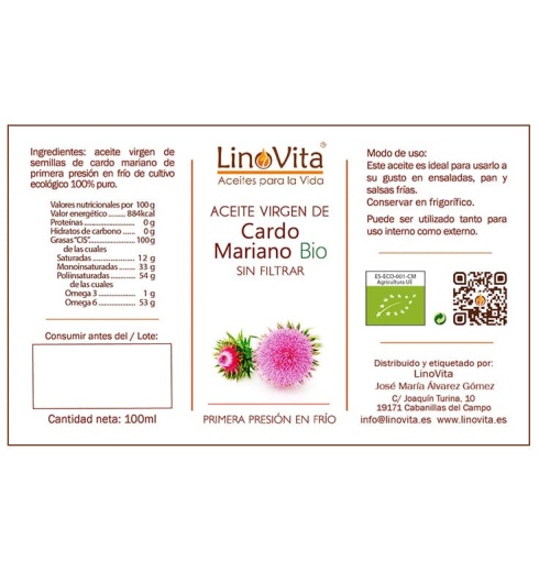 Aceite de cardo mariano ecologico sin filtrar refrigerado prensado en frio