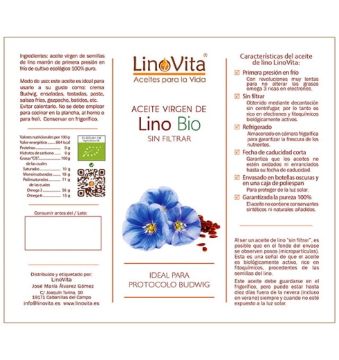 Aceite de lino linaza refrigerado sin filtrar ecologico Bio prensado en frio