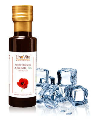 botella de aceite de amapola linovita con hielo