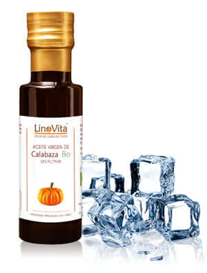 botella de aceite de calabaza linovita con hielo