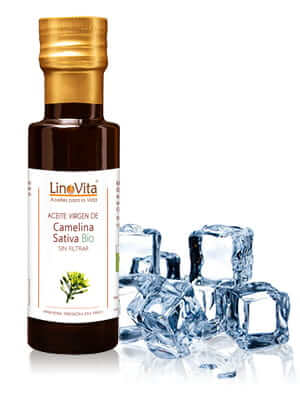 botella de aceite de camelina sativa linovita con hielo
