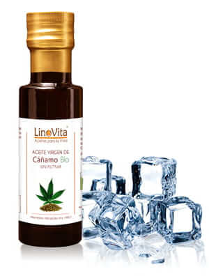 botella de aceite de canamo cannabis sativa linovita con hielo