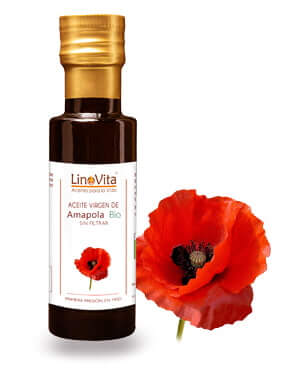 botella de aceite y flores rojas en fondo de amapola papaver linovita de marca linovita
