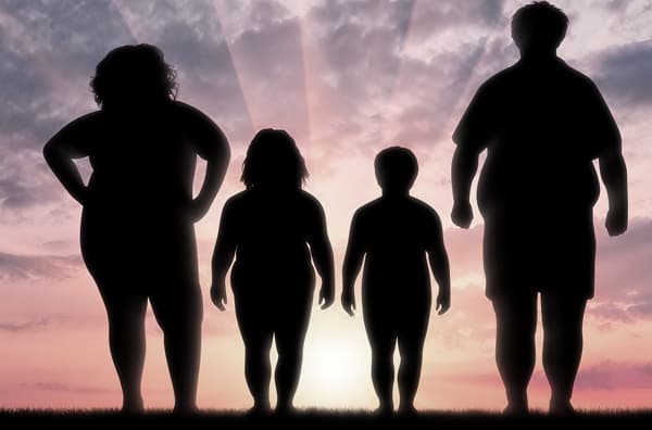 familia mujer hombre nino nina obesos por consumir alimentos perjudiciales comida basura o fast food