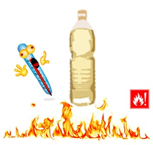 llamas de fuego botella de aceite alimenticio refinado con un termometro y senal de peligro fuego representando proceso donde interviene alta temperatura